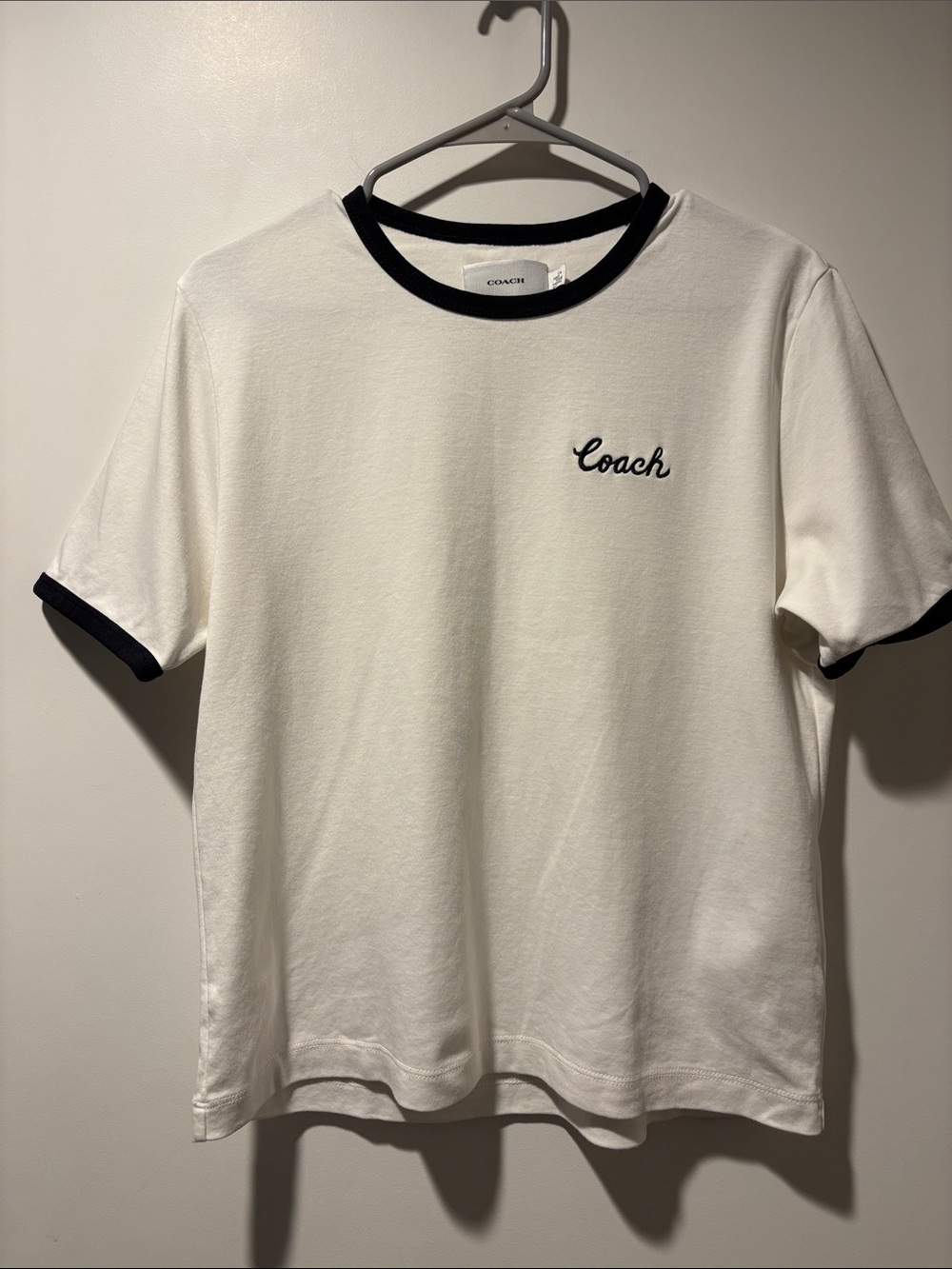 Coach Women’s White Short Sleeve Tee with Black Trim and Script Logo Size Large